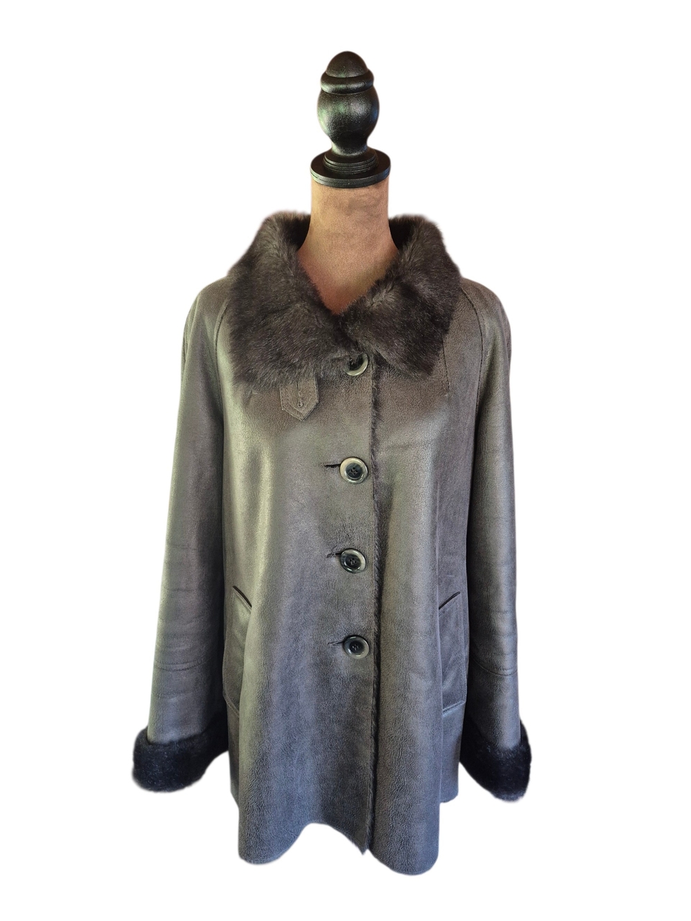 Coldwater Creek Metallic Gray Faux Leather Fur Lined Coat
